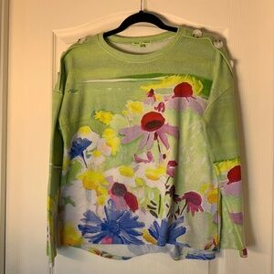 Trisha Tyler Floral Watercolor Knit Top Women’s Large Button Shoulder Spring